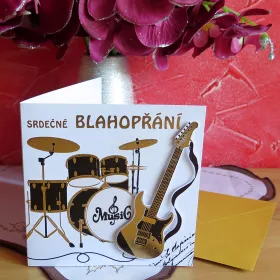 Blahopřání srdečné s obálkou bílozlaté s kytarou a bicími