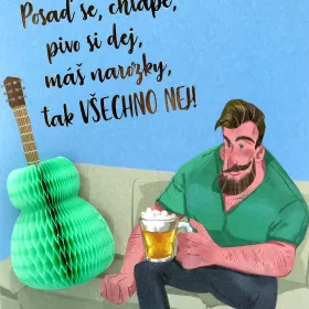 Blahopřání srdečné s obálkou modrozelené s kytarou a mužem s pivem