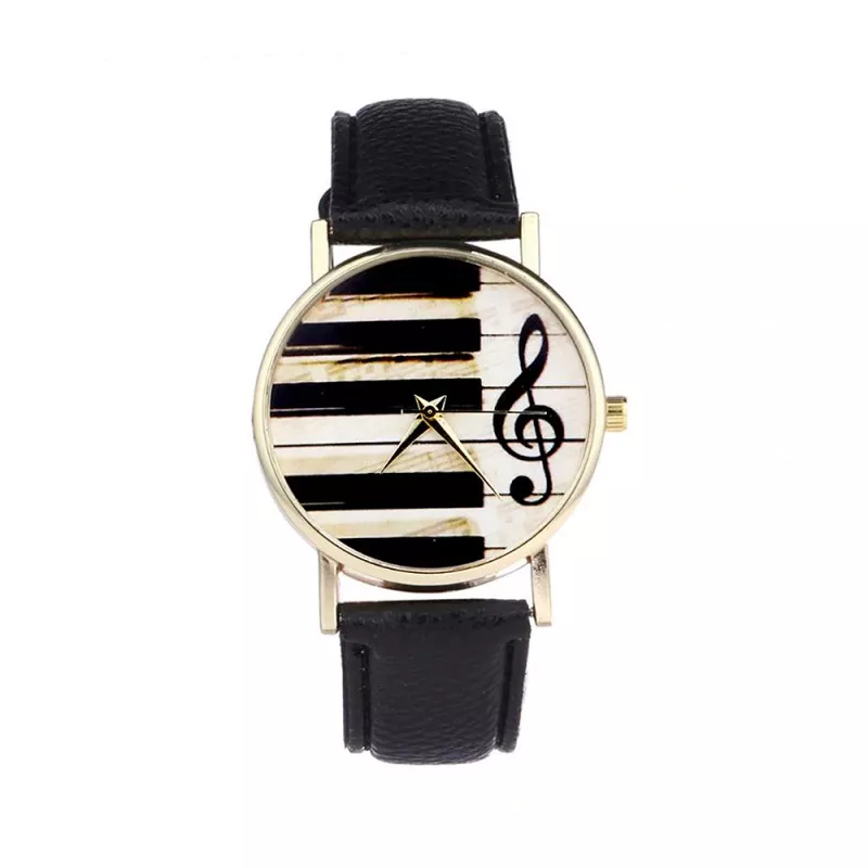 Hodinky zlaté s klaviaturou a houslovým klíčem s černým řemínkem