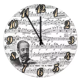 Hodiny nástěnné dřevěné bílé s partiturou a notami Smetana