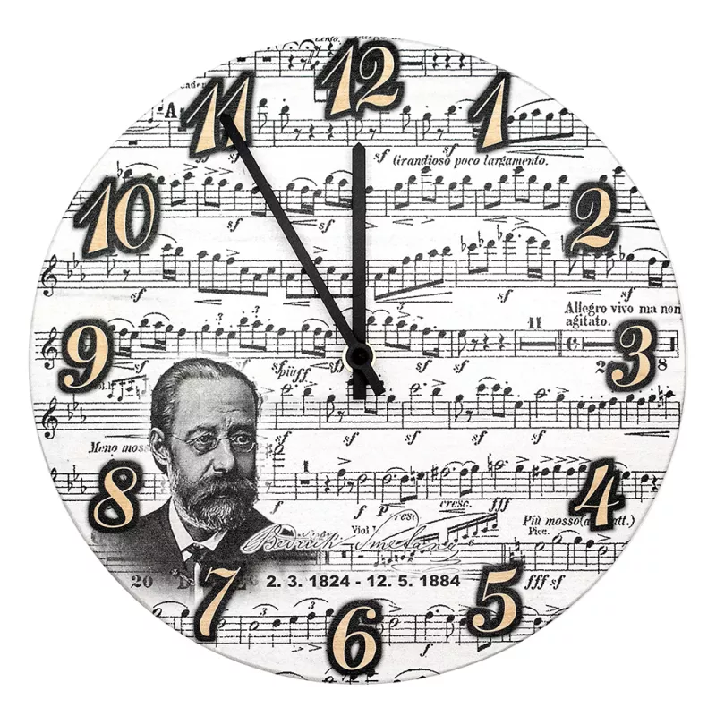Hodiny nástěnné dřevěné bílé s partiturou a notami Smetana