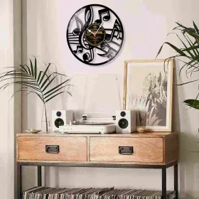Hodiny nástěnné vinylové černé s houslovým klíčem a notami