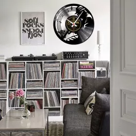 Hodiny nástěnné vinylové černé s jazzmanem, partiturou a notami