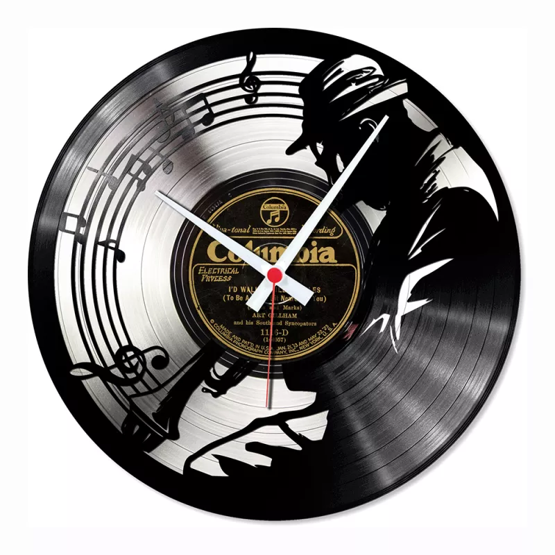 Hodiny nástěnné vinylové černé s jazzmanem, partiturou a notami