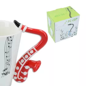 Hrnek porcelánový bílý s černou partiturou a červeným saxofonem