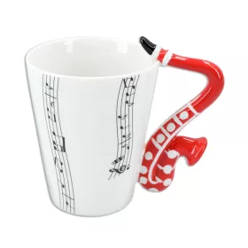 Hrnek porcelánový bílý s černou partiturou a červeným saxofonem