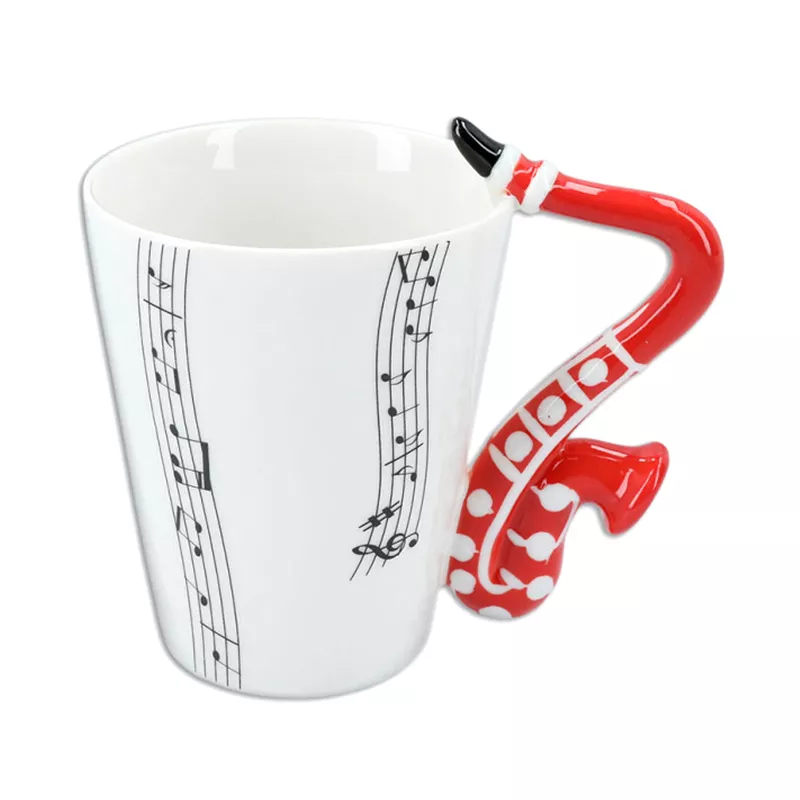 Hrnek porcelánový bílý s černou partiturou a červeným saxofonem