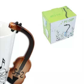 Hrnek porcelánový bílý s černou partiturou a hnědými houslemi