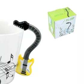 Hrnek porcelánový bílý s černou partiturou a žlutou elektrickou kytarou