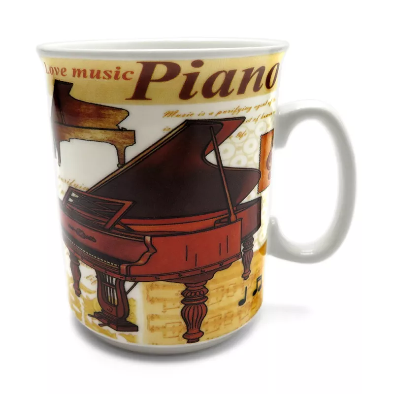 Hrnek porcelánový bílý s klavírem, klavíristou a notami