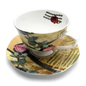 Hrnek porcelánový bílý s podšálkem s akustickou kytarou, notami a růží
