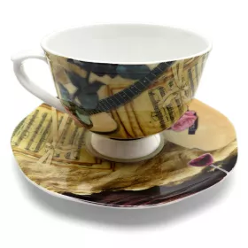Hrnek porcelánový bílý s podšálkem s akustickou kytarou, notami a růží