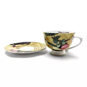 Hrnek porcelánový bílý s podšálkem s akustickou kytarou, notami a růží