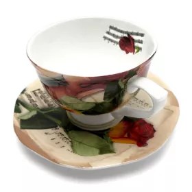 Hrnek porcelánový bílý s podšálkem s houslemi, notami a růží