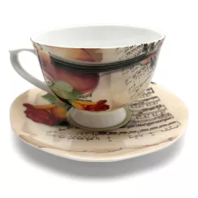 Hrnek porcelánový bílý s podšálkem s houslemi, notami a růží