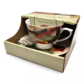 Hrnek porcelánový bílý s podšálkem s houslemi, notami a růží