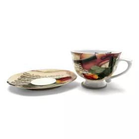 Hrnek porcelánový bílý s podšálkem s houslemi, notami a růží