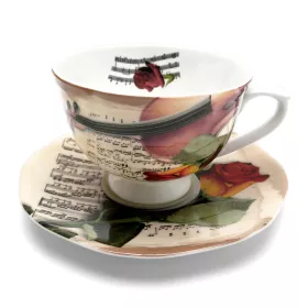 Hrnek porcelánový bílý s podšálkem s houslemi, notami a růží