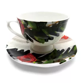 Hrnek porcelánový bílý s podšálkem s klavírem, notami a růží