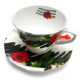 Hrnek porcelánový bílý s podšálkem s klavírem, notami a růží
