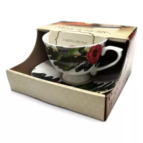 Hrnek porcelánový bílý s podšálkem s klavírem, notami a růží