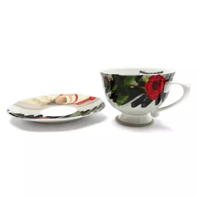 Hrnek porcelánový bílý s podšálkem s klavírem, notami a růží