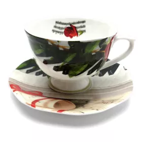Hrnek porcelánový bílý s podšálkem s klavírem, notami a růží