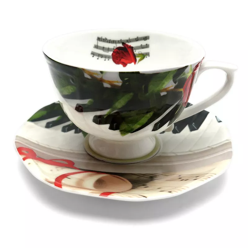 Hrnek porcelánový bílý s podšálkem s klavírem, notami a růží