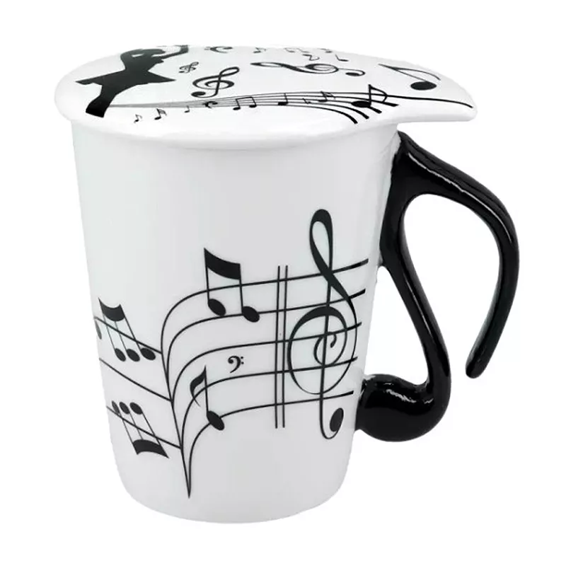 Hrnek porcelánový bílý s víčkem, černou osminovou notou, notami, houslovými klíči a baletkami
