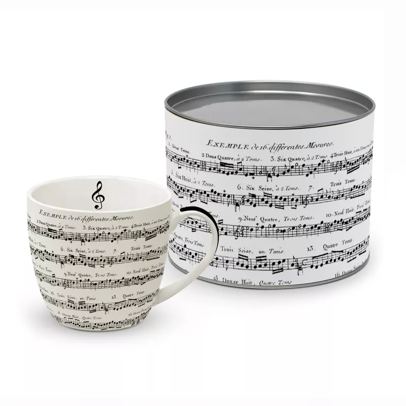Hrnek porcelánový bílý s víčkem, černou osminovou notou, notami, houslovými klíči a baletkami