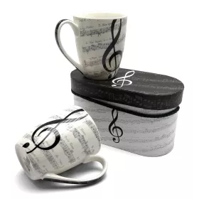 Hrnek porcelánový bílý sada 2 ks s šedou partiturou a notami a černým houslovým klíčem I Love Music