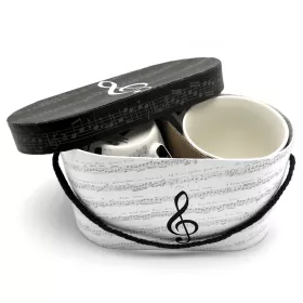 Hrnek porcelánový bílý sada 2 ks s šedou partiturou a notami a černým houslovým klíčem I Love Music