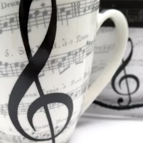 Hrnek porcelánový bílý sada 2 ks s šedou partiturou a notami a černým houslovým klíčem I Love Music