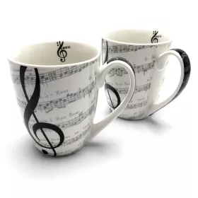 Hrnek porcelánový bílý sada 2 ks s šedou partiturou a notami a černým houslovým klíčem I Love Music