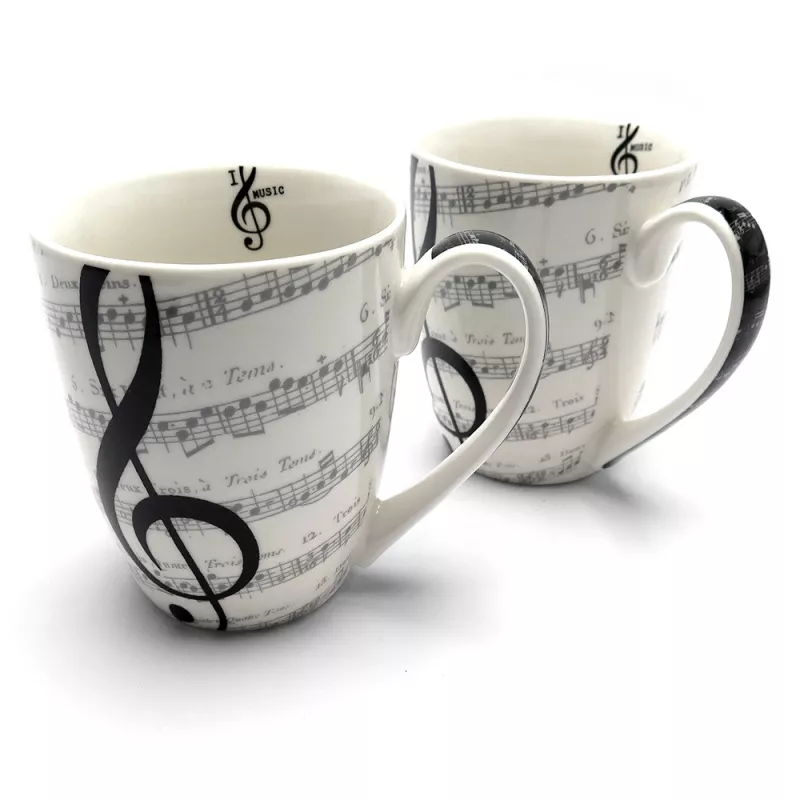 Hrnek porcelánový bílý sada 2 ks s šedou partiturou a notami a černým houslovým klíčem I Love Music