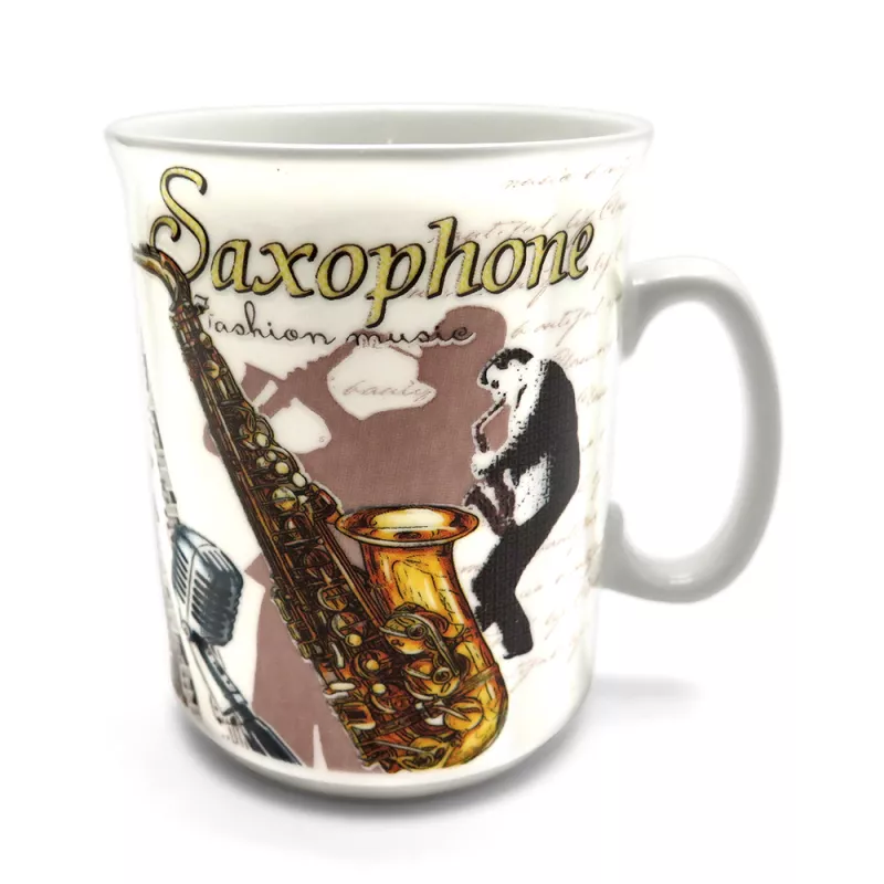 Hrnek porcelánový bílý se saxofonem, saxofonistou a notami