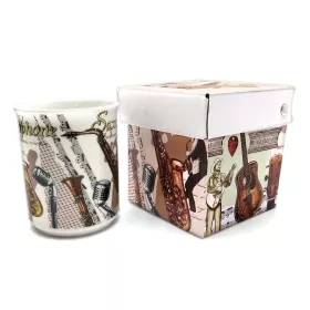 Hrnek porcelánový bílý se saxofonem, saxofonistou a notami