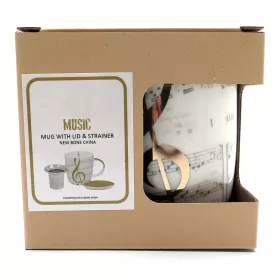 Hrnek porcelánový bílý se sítkem a víčkem s šedými notami a zlatým houslovým klíčem I Love Music