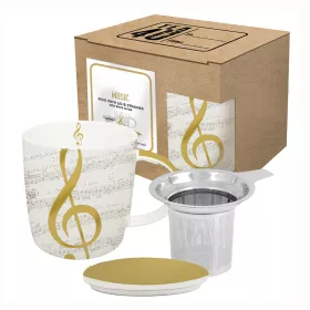 Hrnek porcelánový bílý se sítkem a víčkem s šedými notami a zlatým houslovým klíčem I Love Music