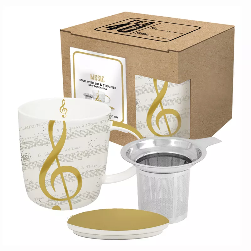 Hrnek porcelánový bílý se sítkem a víčkem s šedými notami a zlatým houslovým klíčem I Love Music