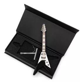 Miniatura kytara elektrická Gibson Flying V černá se stojanem 18cm