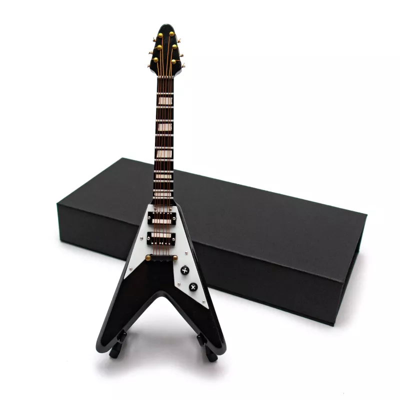 Miniatura kytara elektrická Gibson Flying V černá se stojanem 18cm