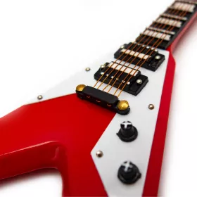 Miniatura kytara elektrická Gibson Flying V červená se stojanem 18cm