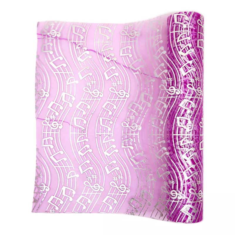 Organza růžová se stříbrnými partiturami a notami 28 cm