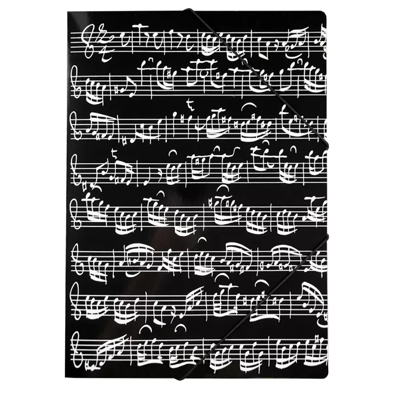 Složka A4 s gumou karton černá s bílými notami - partitura Bach