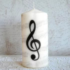 Svíčka oválná bílá přírodní černý houslový klíč s šedými notami 15x7 cm