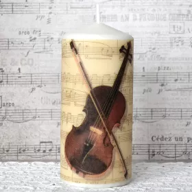 Svíčka oválná bílá přírodní s houslemi a notami 15x7 cm