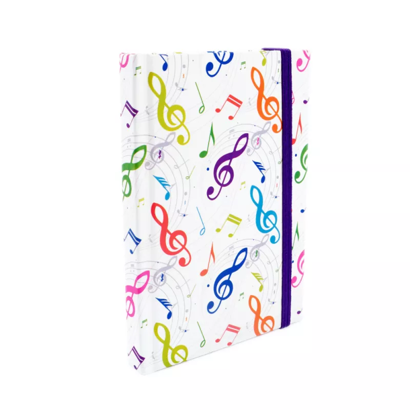 Blok poznámkový A6 bílý s barevnými houslovými klíči a partiturami