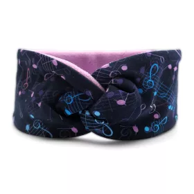 Čelenka vlasová textilní turbanová s fleecem tmavě modrá s růžovými a modrými notami a houslovými klíči