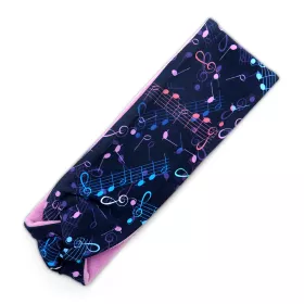 Čelenka vlasová textilní turbanová s fleecem tmavě modrá s růžovými a modrými notami a houslovými klíči